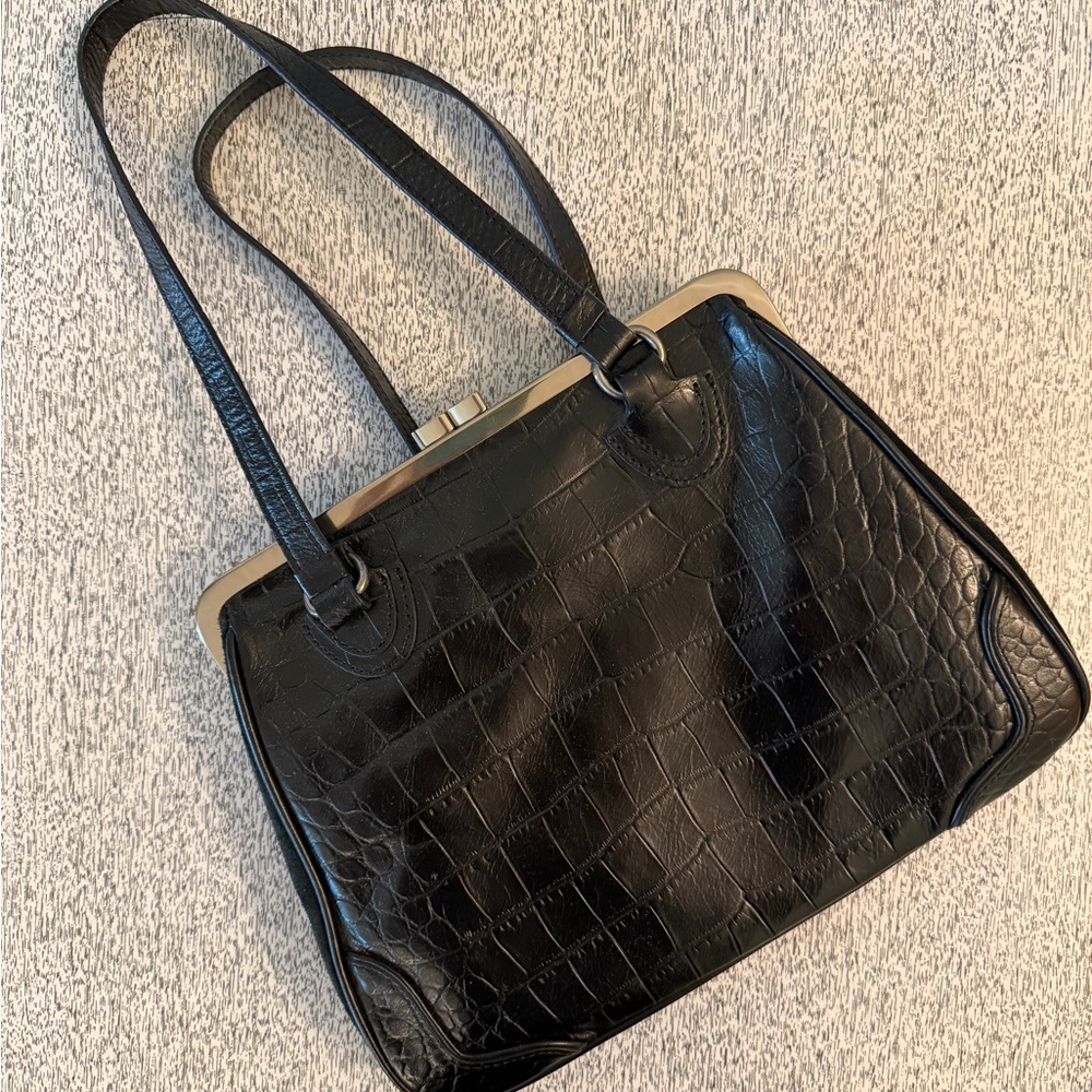 Vintage 90s/00s Casual Corner Black Faux Croc-Embossed Shoulder Bag